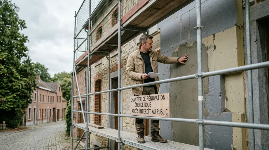 Image actuelle : Homme européen inspectant la façade isolée d'une maison belge
