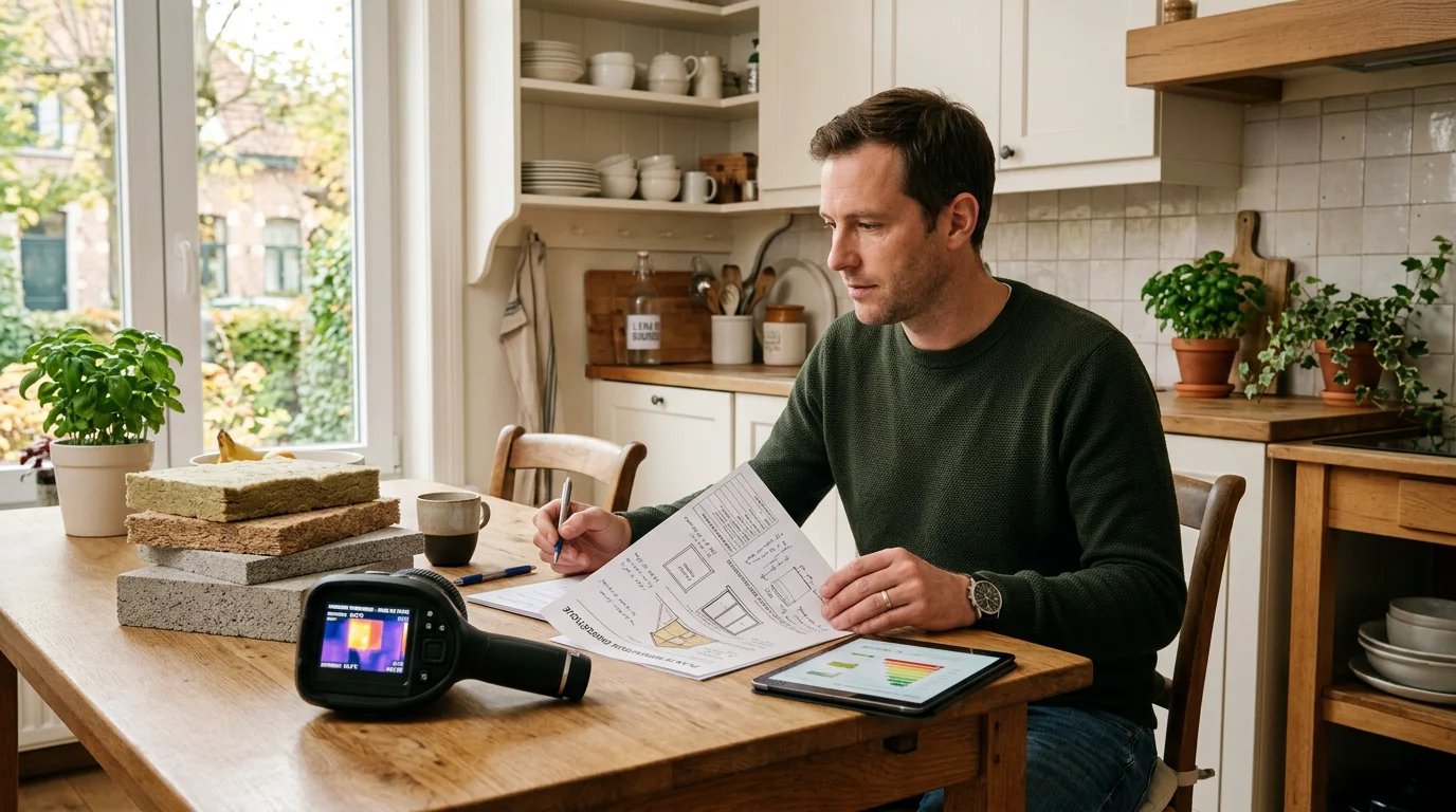 Homme européen examinant un plan de rénovation énergétique