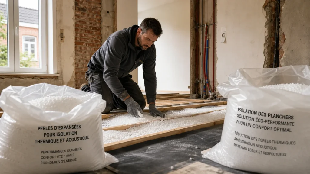 Image actuelle : Chantier d'isolation avec des billes de polystyrène dans une maison en Belgique