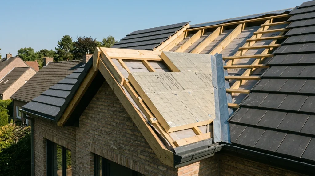 Image actuelle : Toiture résidentielle en rénovation avec panneaux isolants rigides