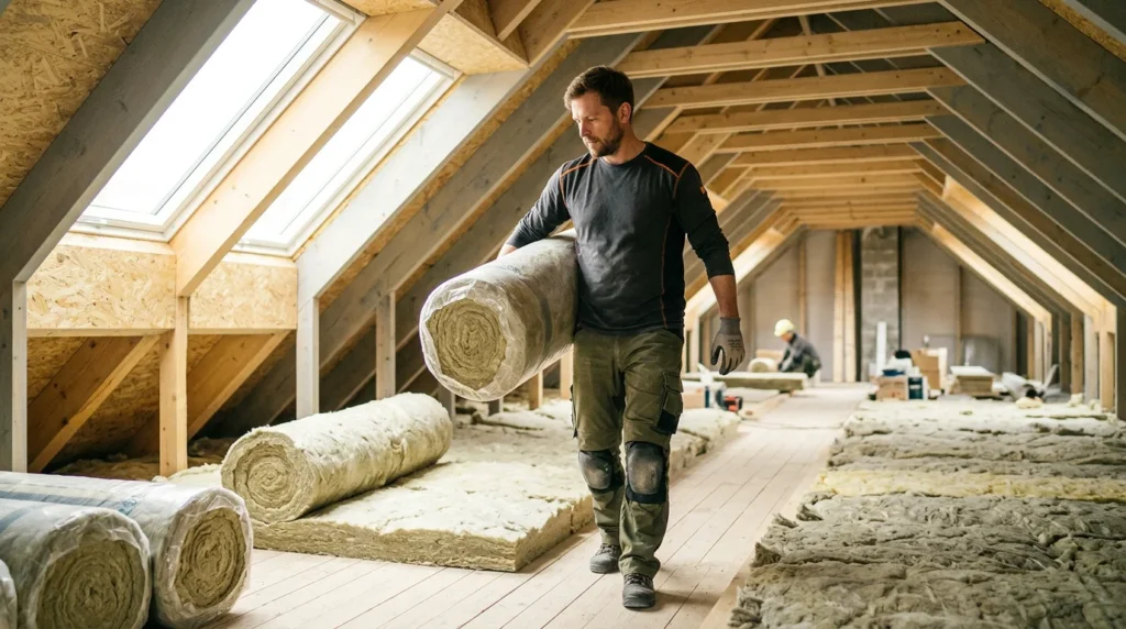 Image actuelle : Isolation d'un comble avec des rouleaux de laine de verre