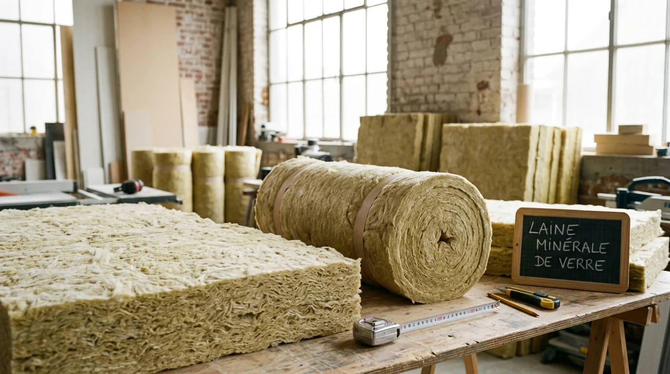 Rouleaux et panneaux de laine de verre posés dans un atelier de rénovation