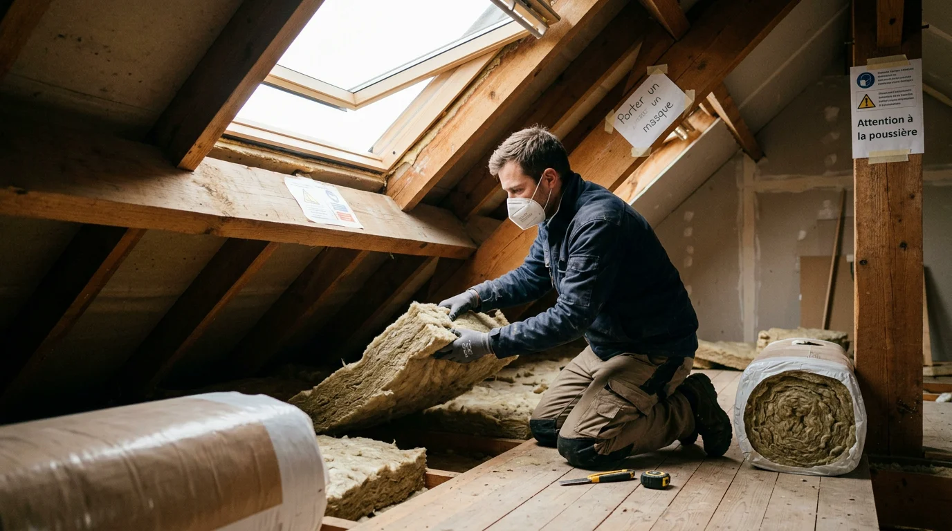 Artisan posant de la laine de verre entre les chevrons d'une toiture