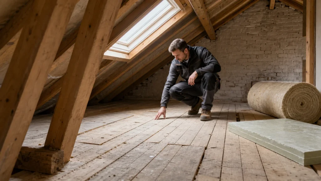 Image actuelle : Artisan examinant un plancher de grenier avant la pose de l’isolant