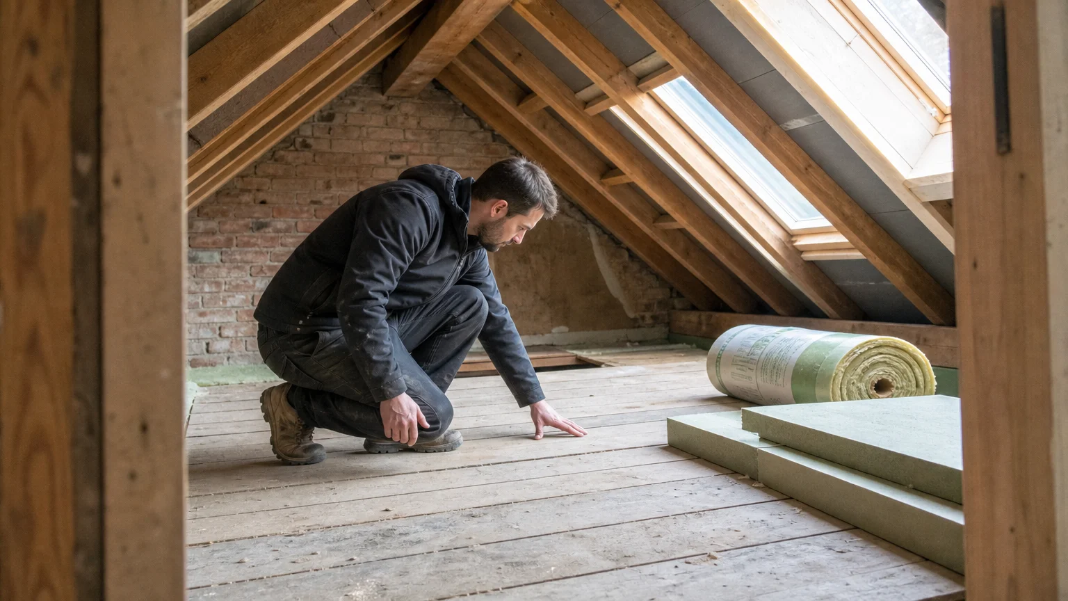 Artisan examinant un plancher de grenier avant la pose de l’isolant