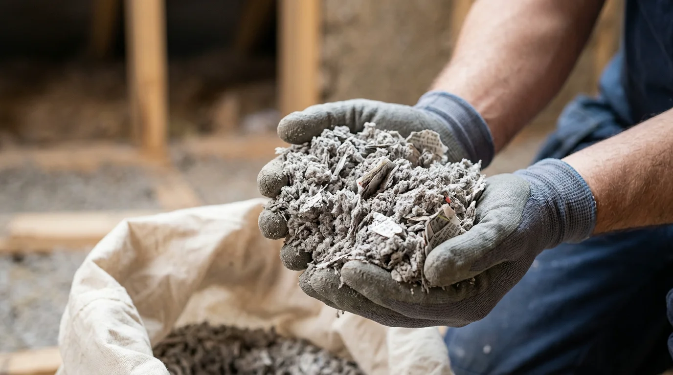 Flocons de ouate de cellulose issus de papier recyclé tenus dans une main gantée