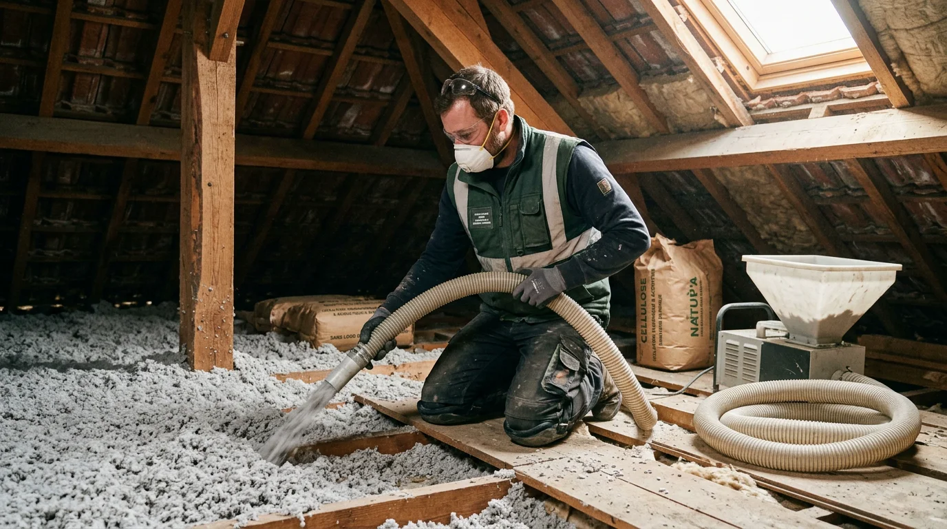 Installateur européen soufflant de la ouate de cellulose dans une toiture