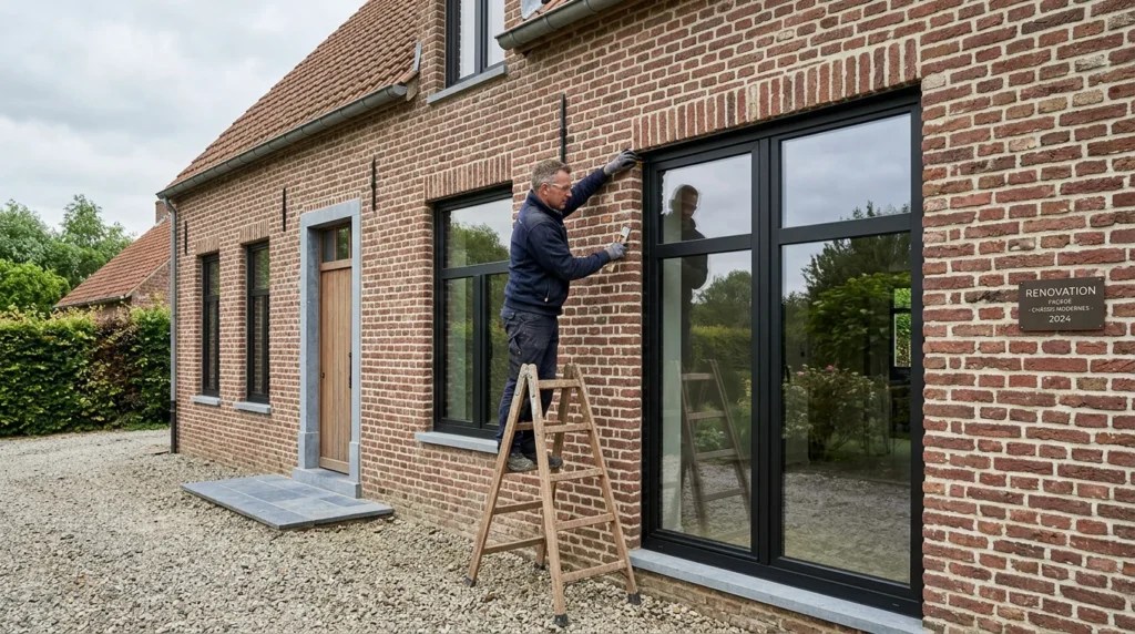 Image actuelle : Façade de maison belge rénovée avec châssis modernes et installateur