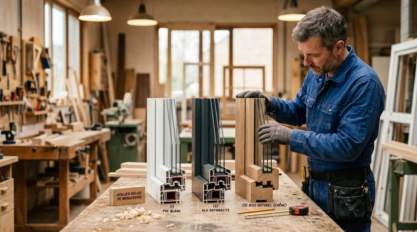 Comparaison de profilés de châssis en PVC, aluminium et bois sur un établi