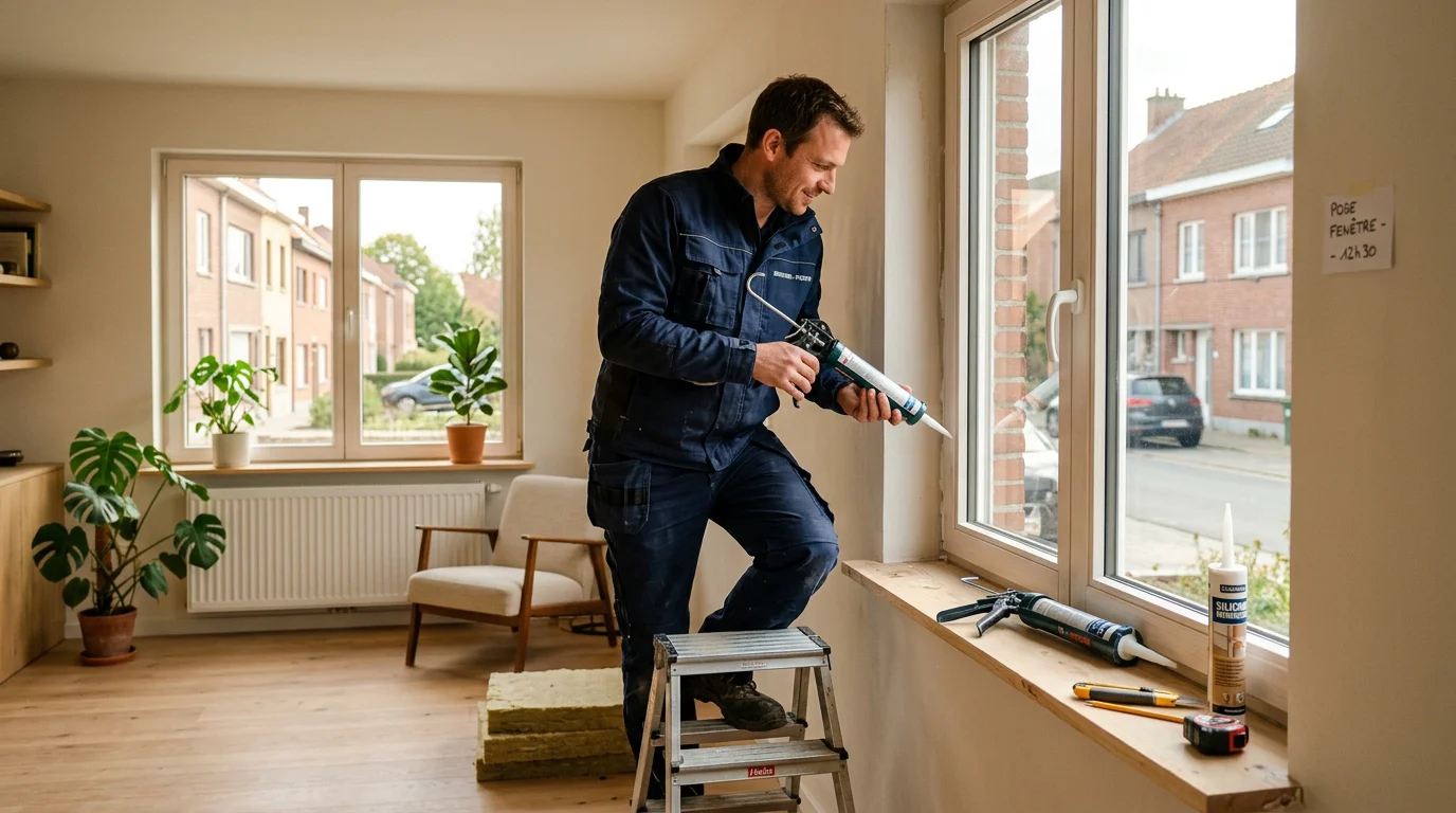 Technicien posant un châssis double vitrage dans un salon rénové