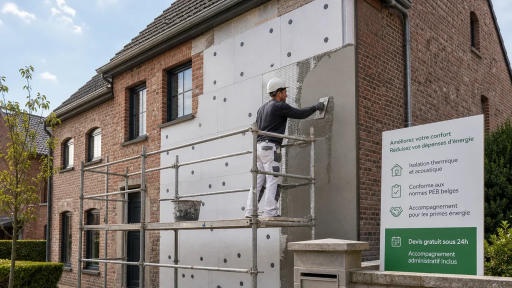 Image actuelle : Façade d'une maison en cours d'isolation par l'extérieur avec panneaux isolants et échafaudage