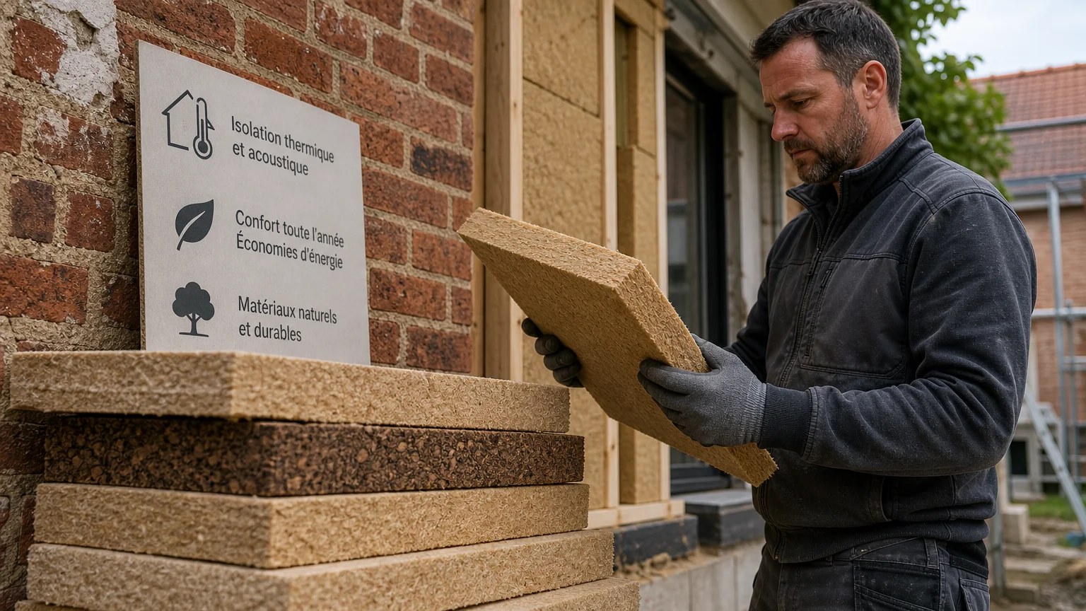 Panneaux de fibre de bois et de liège posés contre une façade en brique pour une isolation par l'extérieur