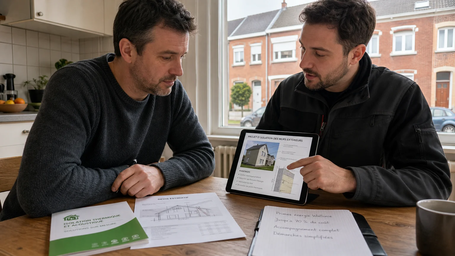Propriétaire et technicien examinant un dossier de primes pour une isolation par l'extérieur en Belgique