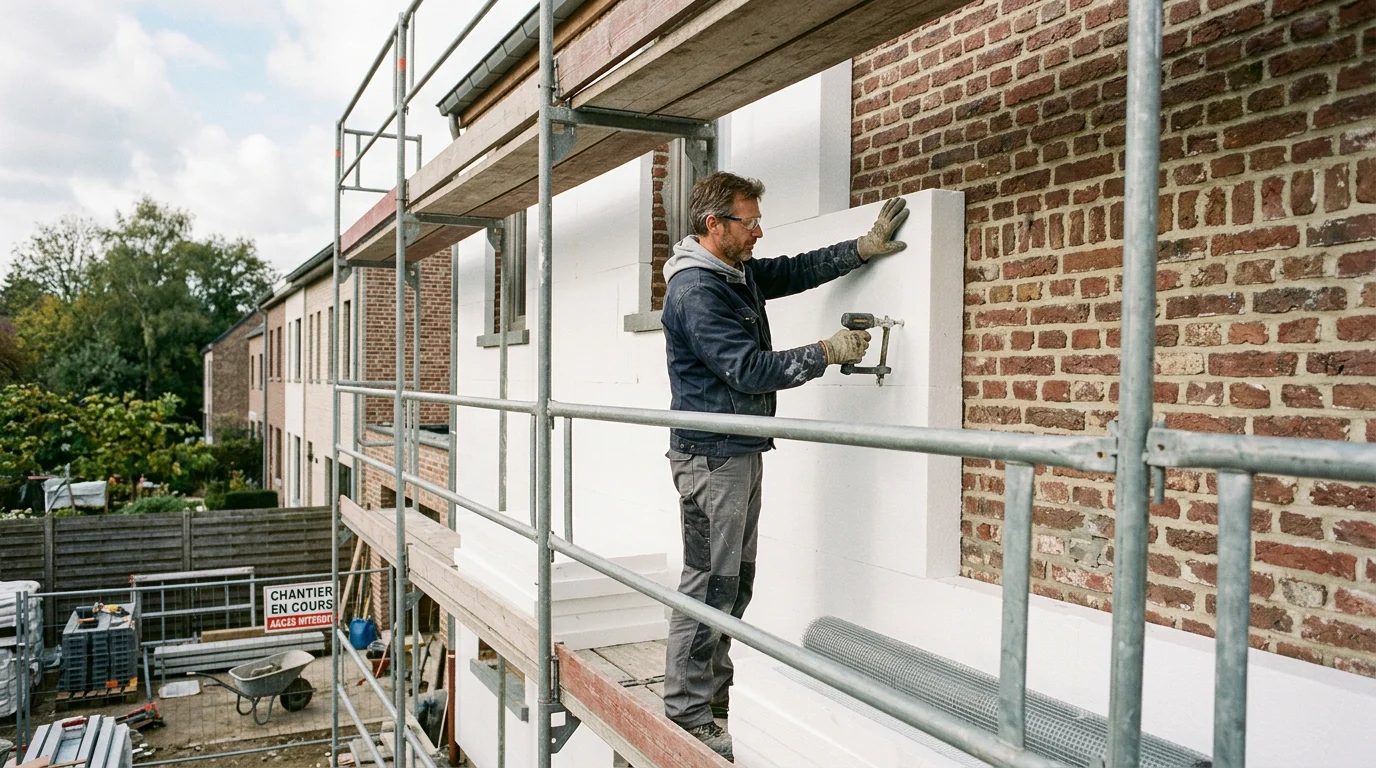 Ouvrier posant des panneaux d'isolation sur une façade en Belgique