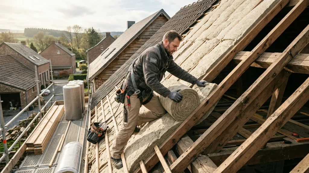 Image actuelle : Technicien posant un isolant sur une toiture inclinée en rénovation