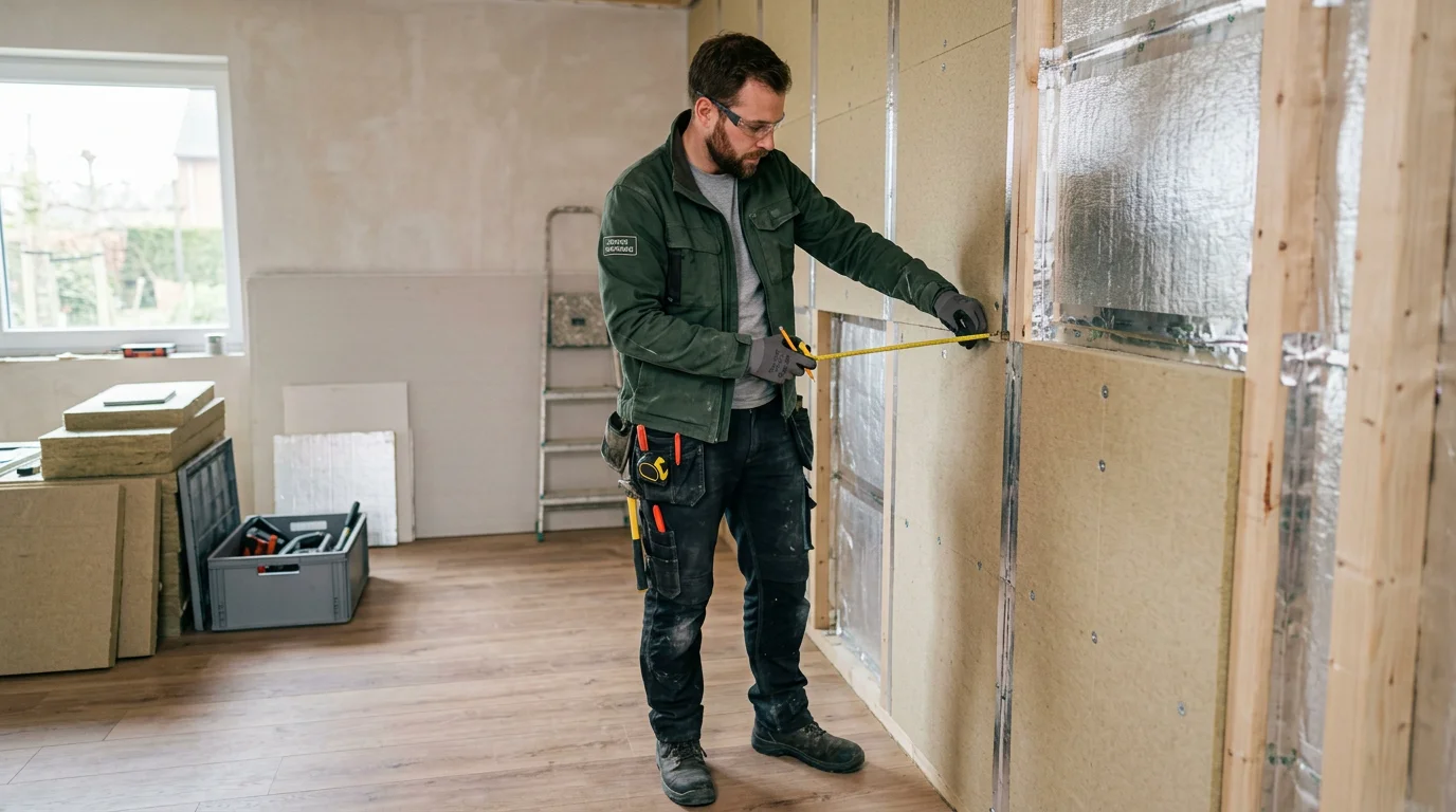 Technicien inspectant l'isolation d'un mur intérieur sur un chantier de rénovation