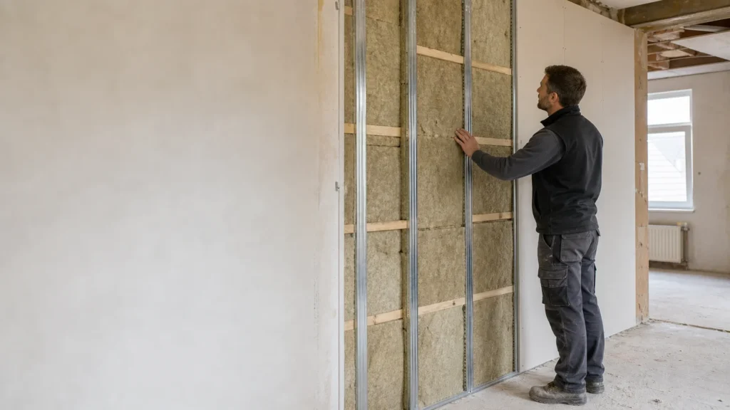 Image actuelle : Isolation acoustique d’une habitation belge avec mur doublé et matériaux isolants