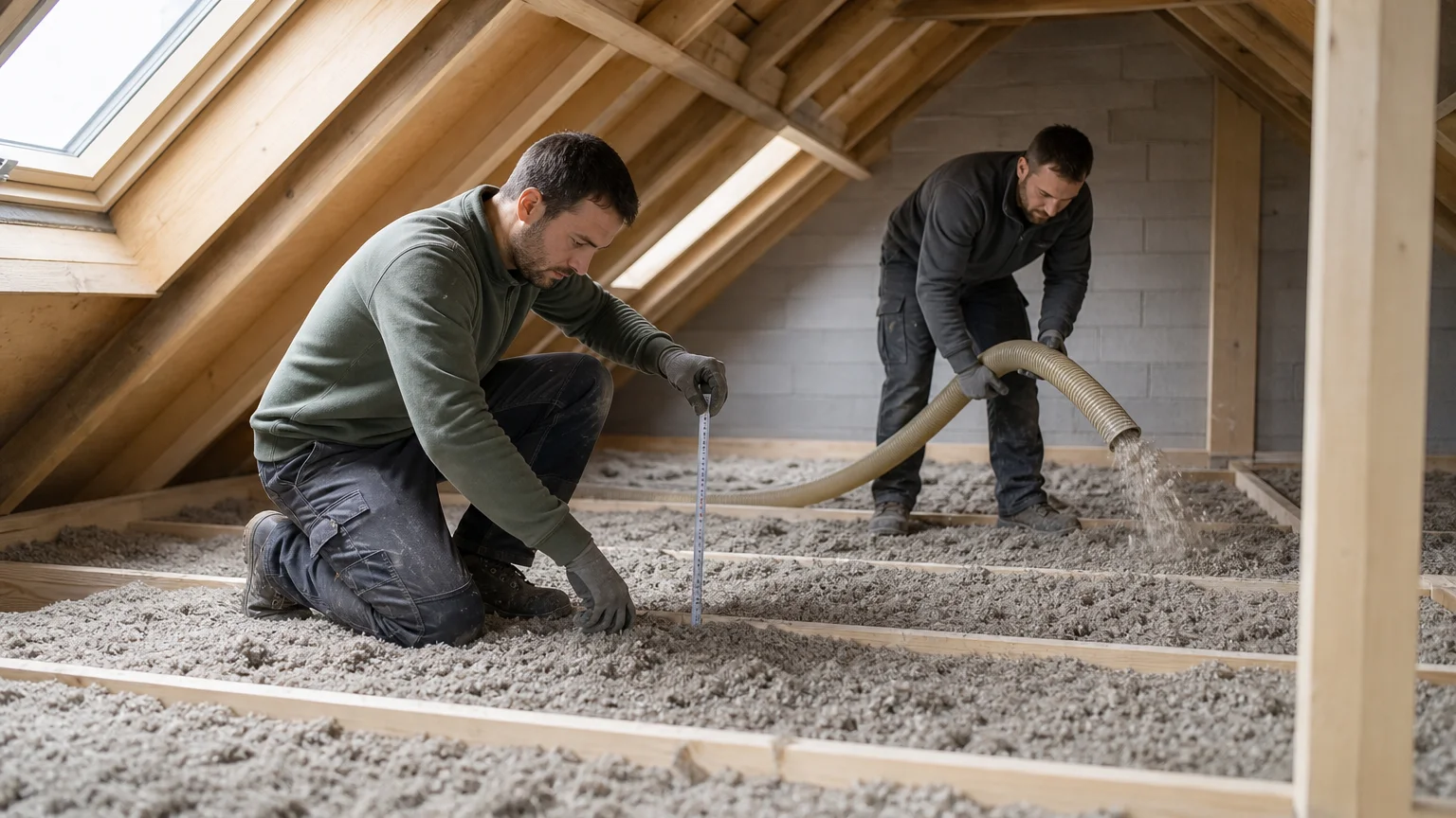 Professionnels contrôlant une isolation de combles par soufflage