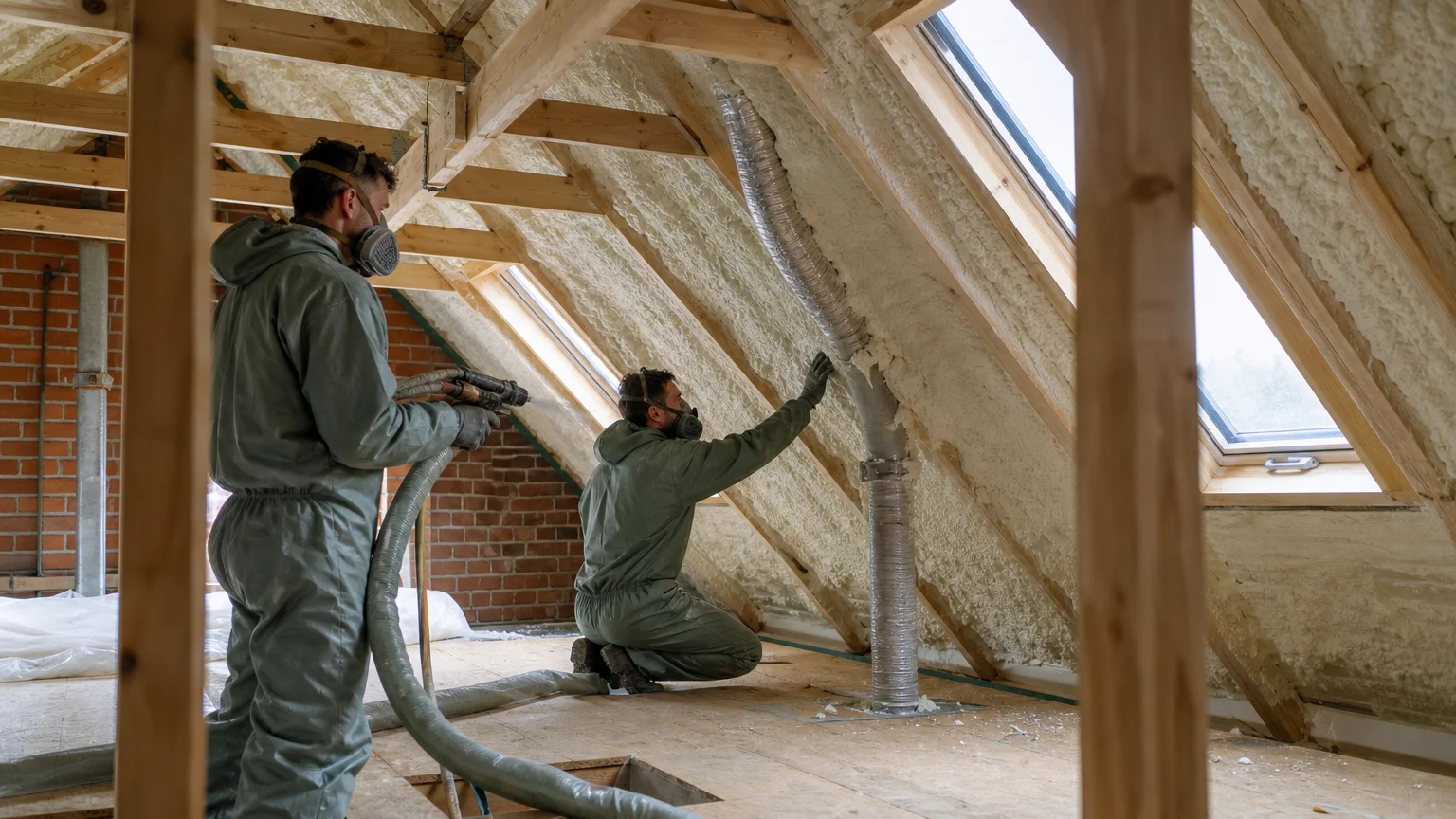 Deux professionnels appliquent de la mousse icynene entre les chevrons d’une toiture