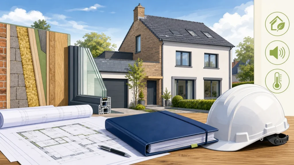 Image actuelle : Maison belge rénovée et dossier administratif illustrant les avantages d’un entrepreneur agréé