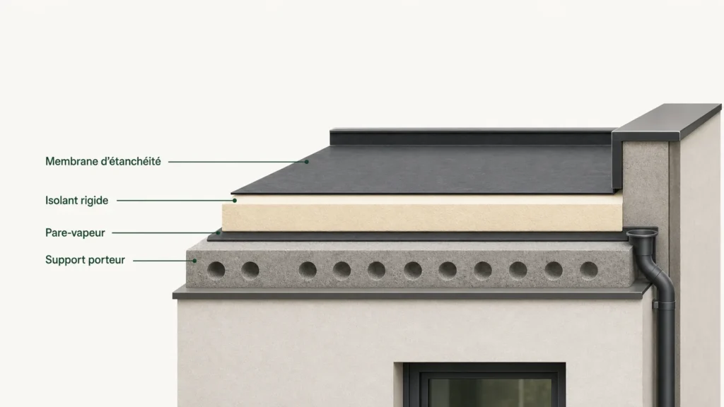 Image actuelle : Coupe technique d’une toiture plate avec isolation et étanchéité