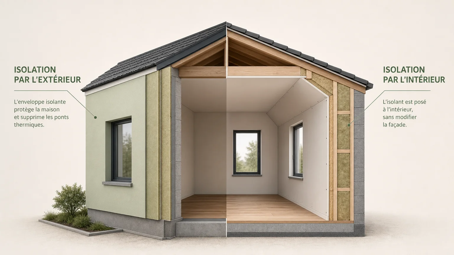 Illustration comparative d’une maison isolée par l’intérieur et par l’extérieur