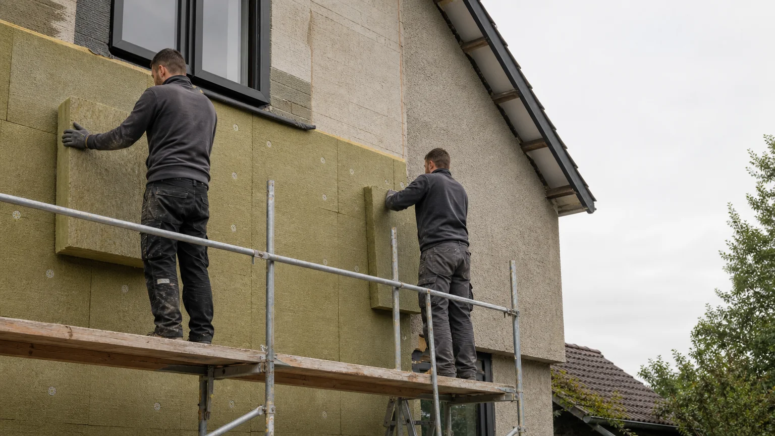 Deux ouvriers européens posent une isolation extérieure sur une façade résidentielle