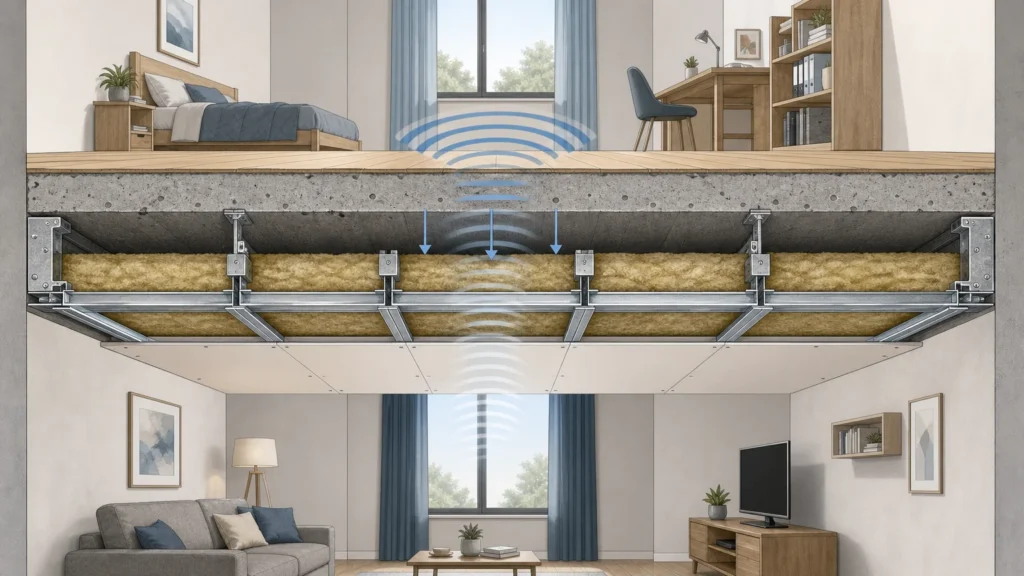 Image actuelle : Coupe pédagogique d’un plafond avec isolation acoustique
