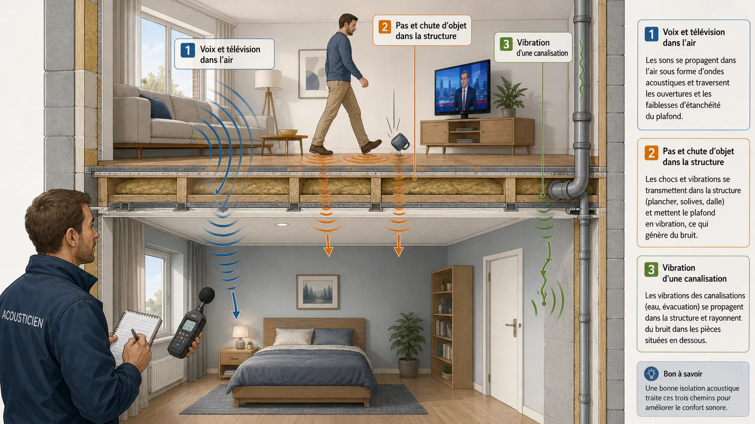 Illustration des différents bruits transmis par un plafond