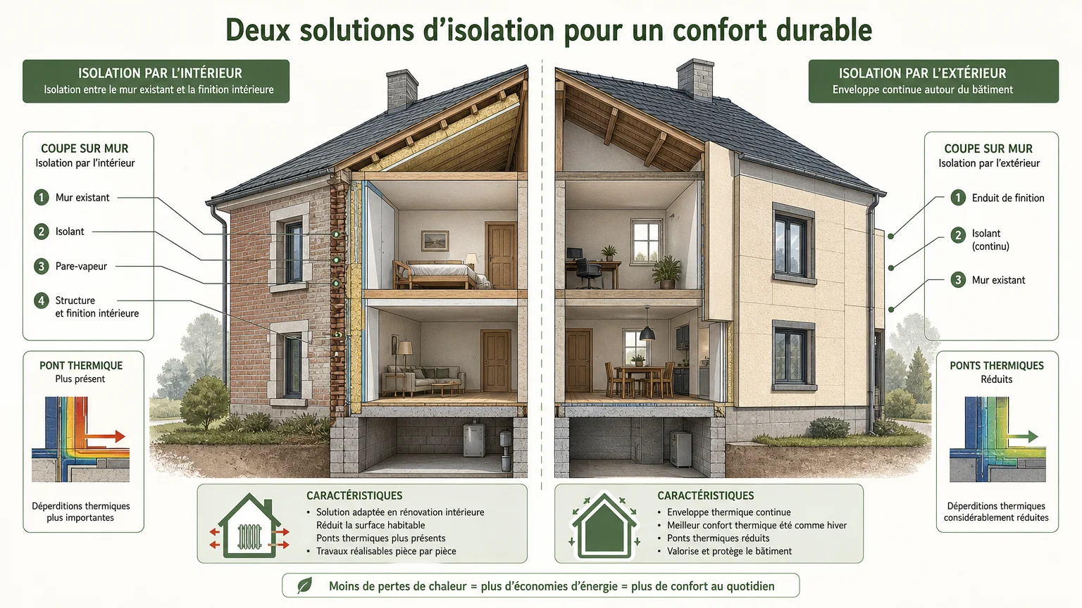 Schéma comparatif entre isolation thermique intérieure et extérieure