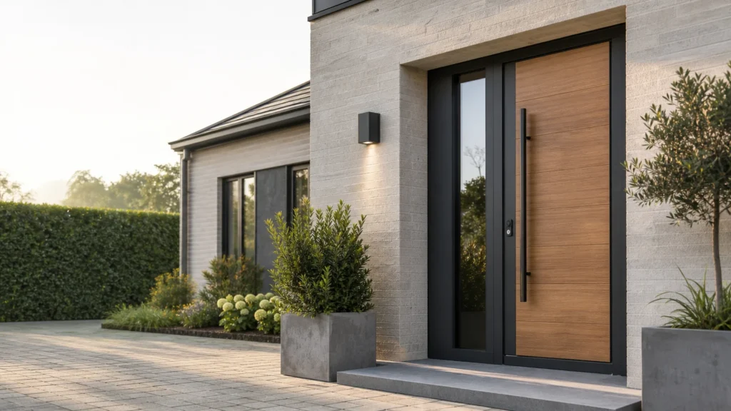 Image actuelle : Porte d’entrée contemporaine sur mesure devant une maison belge