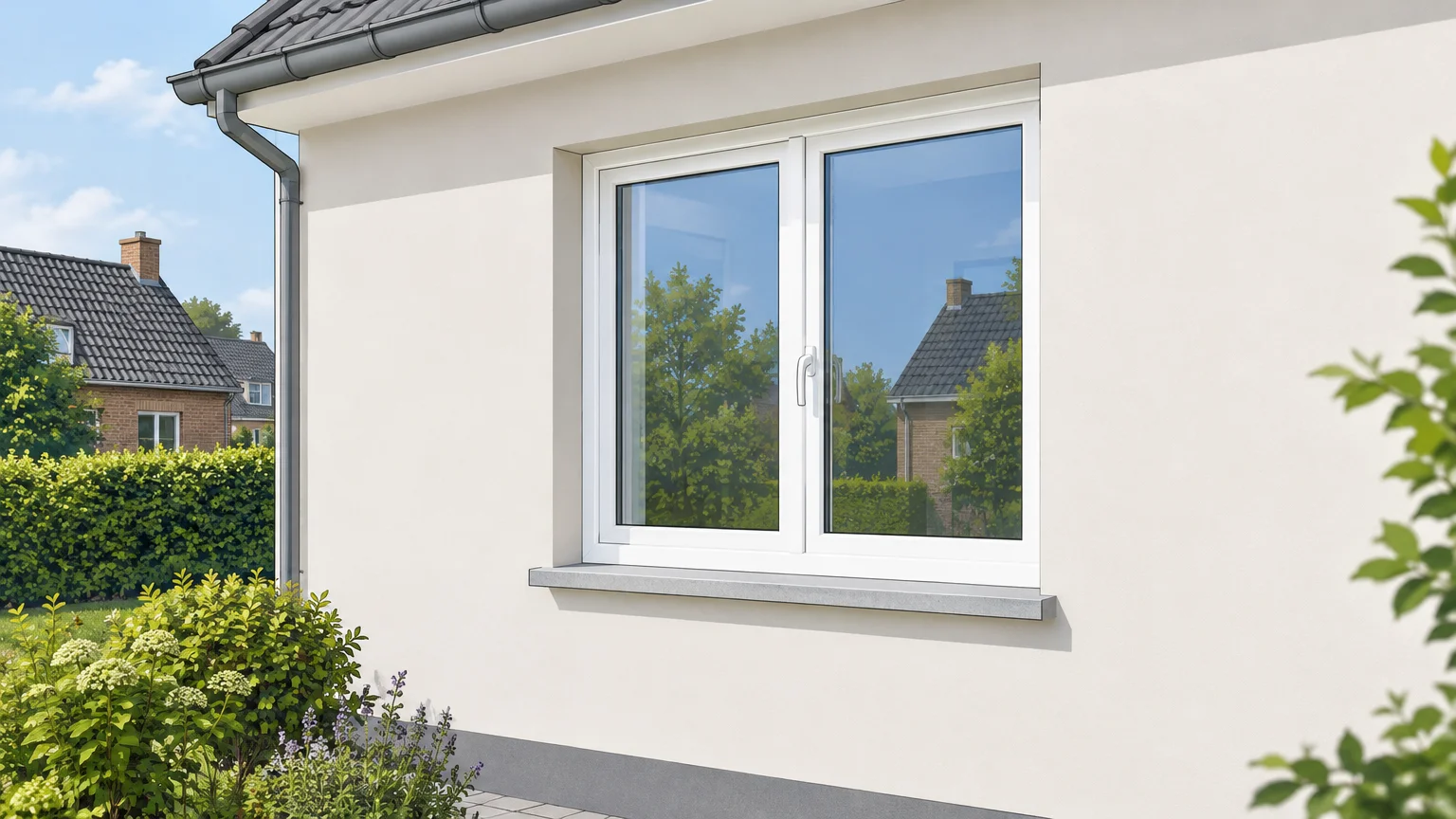 Châssis PVC blanc intégré dans une façade rénovée