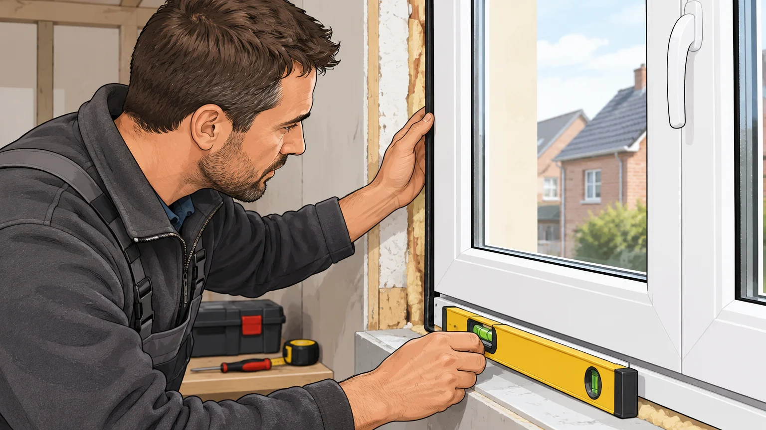 Installateur vérifiant l’étanchéité d’un châssis PVC posé