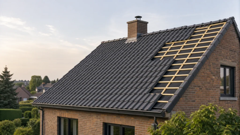 Image actuelle : Toiture d’une habitation belge en cours de rénovation, sous une lumière naturelle.