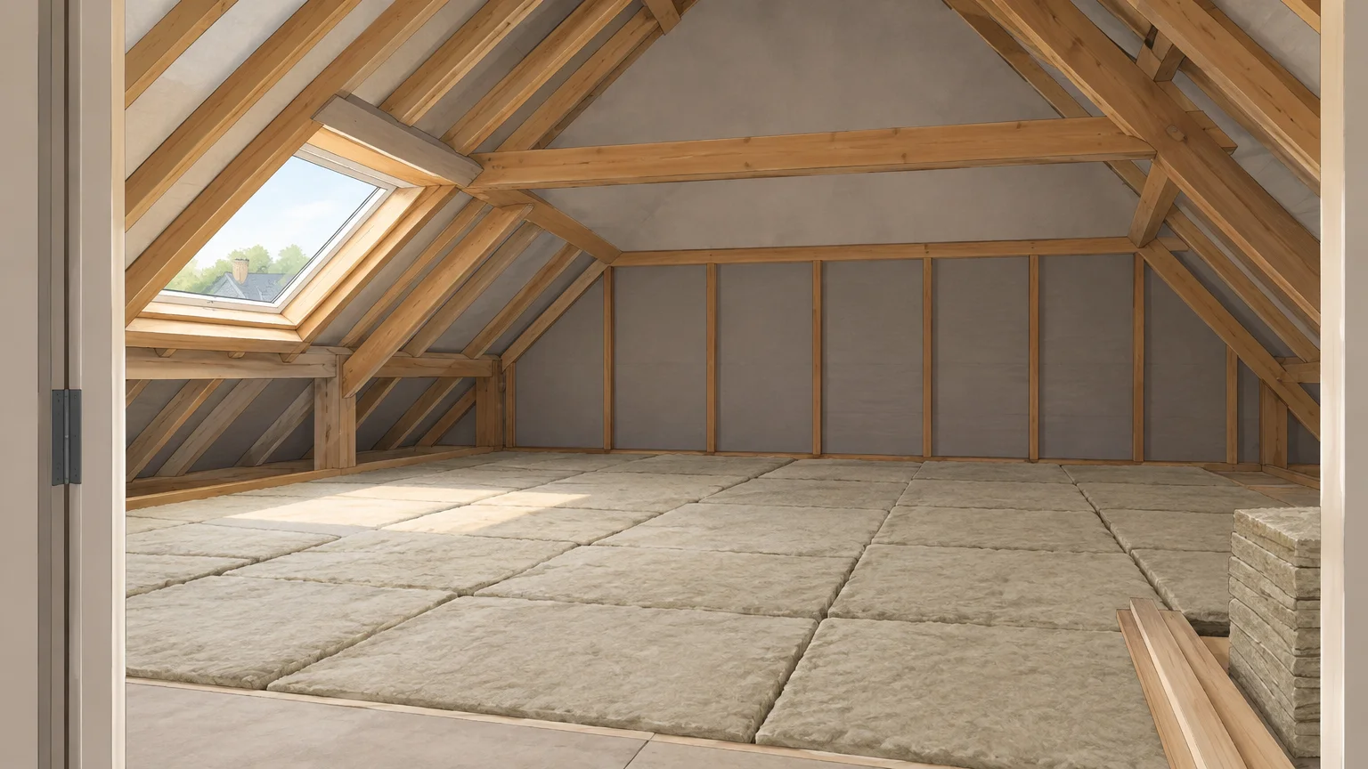 Grenier avec une couche isolante posée sur le plancher