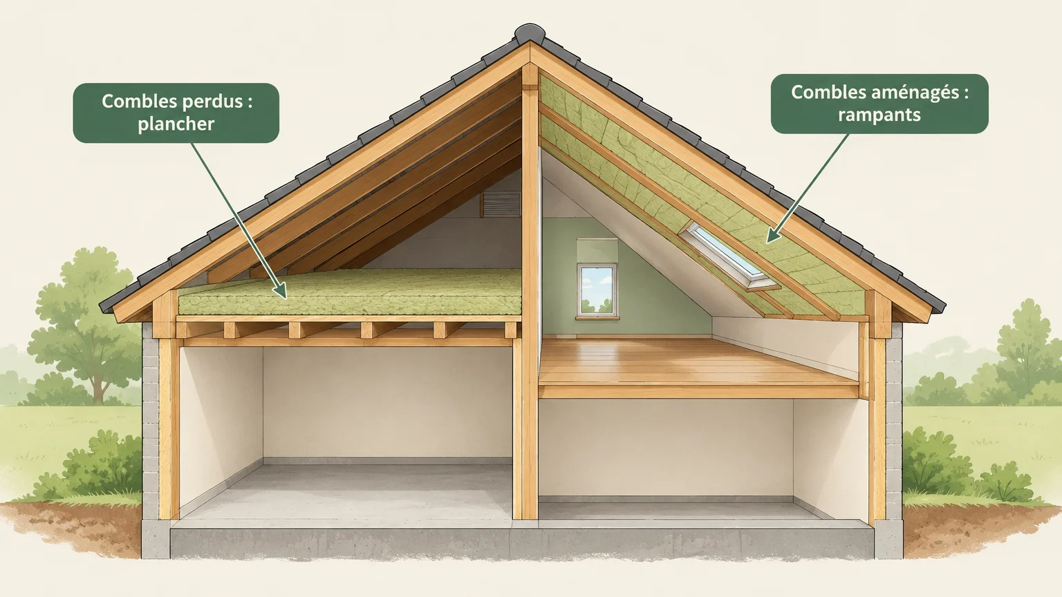 Schéma comparant l’isolation du plancher des combles perdus et celle des rampants aménagés