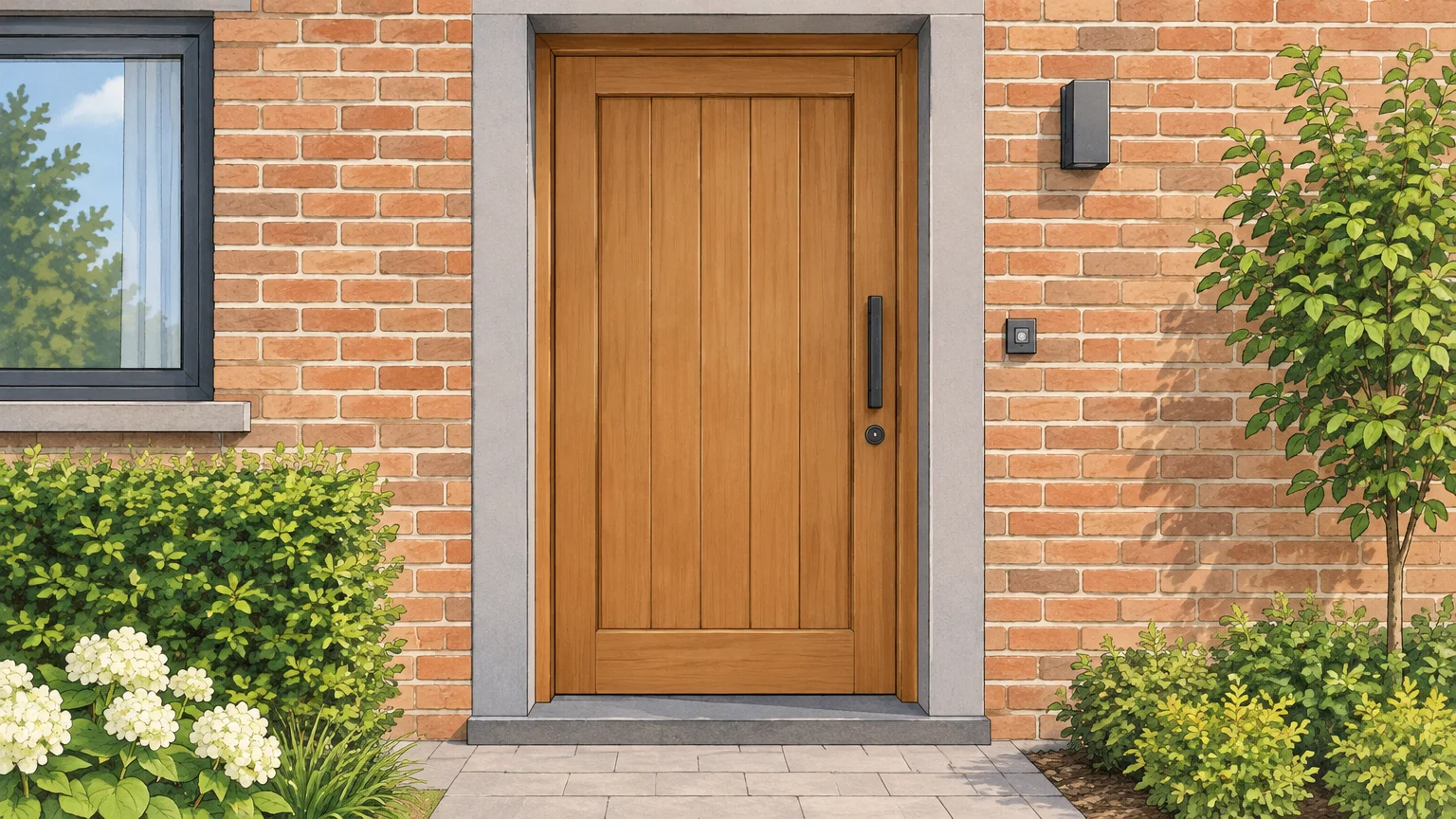 Porte d’entrée en bois sur une habitation en briques