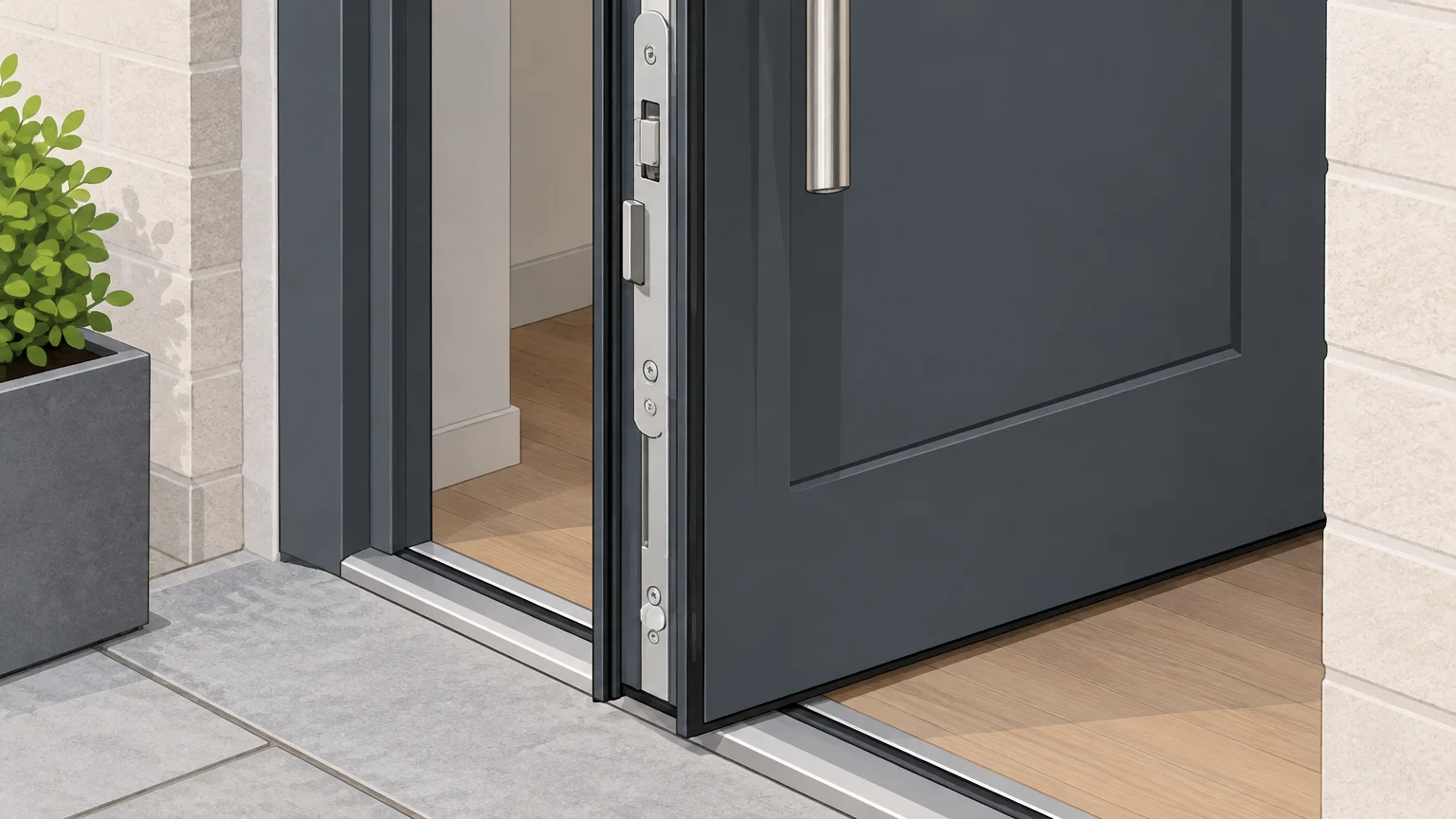 Joint, serrure et seuil d’une porte d’entrée résidentielle