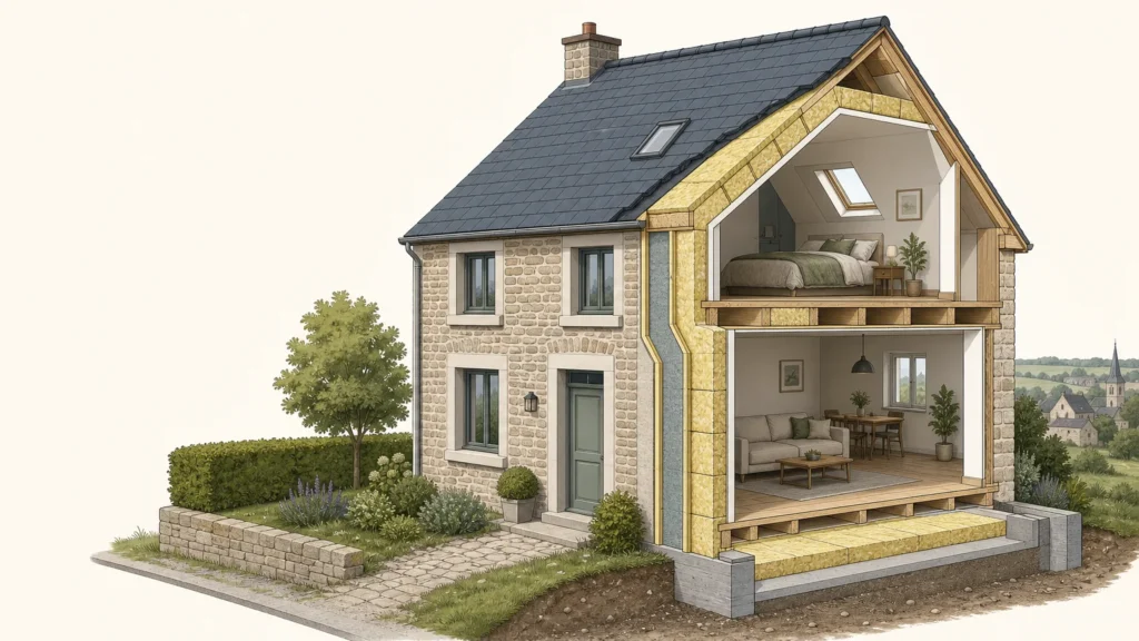 Image actuelle : Illustration éditoriale d’une maison wallonne dont la toiture et les murs sont isolés
