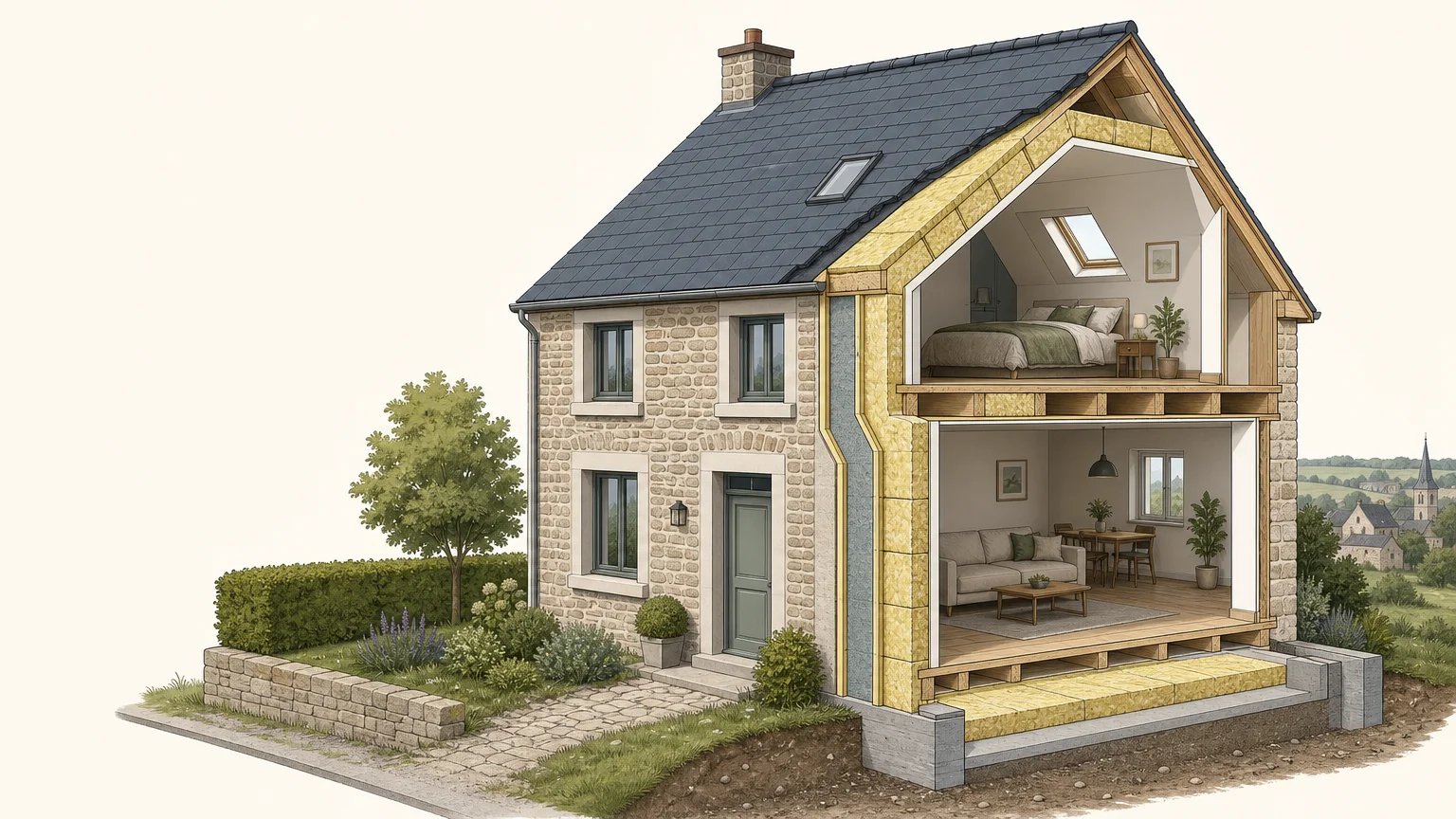 Illustration éditoriale d’une maison wallonne dont la toiture et les murs sont isolés