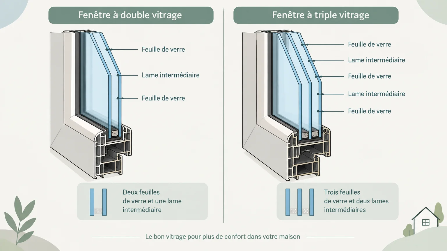 Schéma comparant la composition d’un double vitrage et d’un triple vitrage