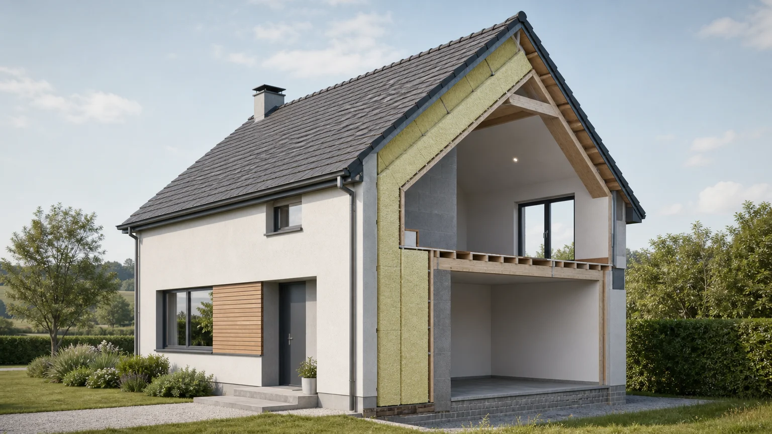 Illustration éditoriale d’une maison wallonne montrant une toiture et une façade isolées