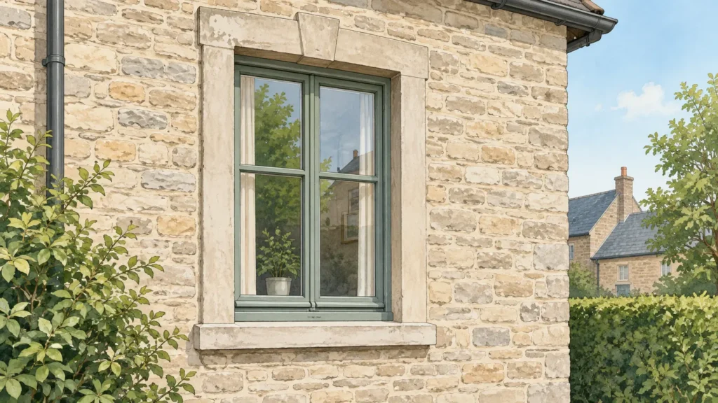 Image actuelle : Fenêtre ancienne intégrée à la façade d’une maison de caractère
