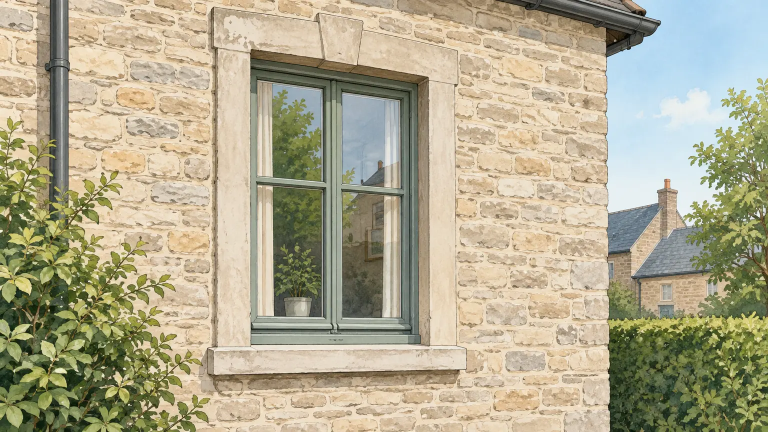 Fenêtre ancienne intégrée à la façade d’une maison de caractère