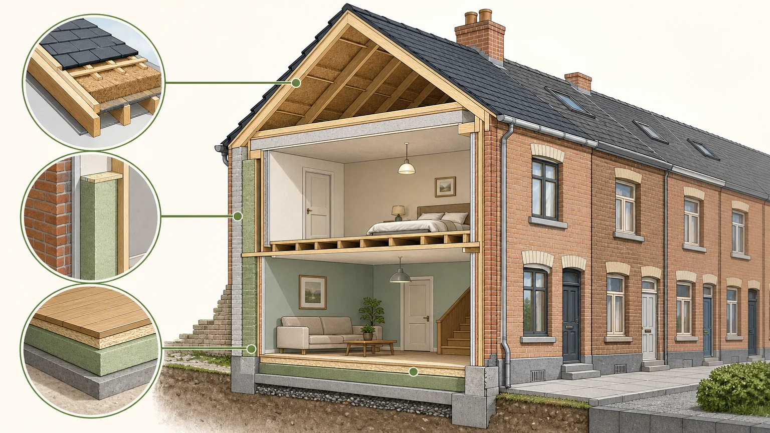 Maison belge en coupe montrant les zones à isoler et les matériaux adaptés