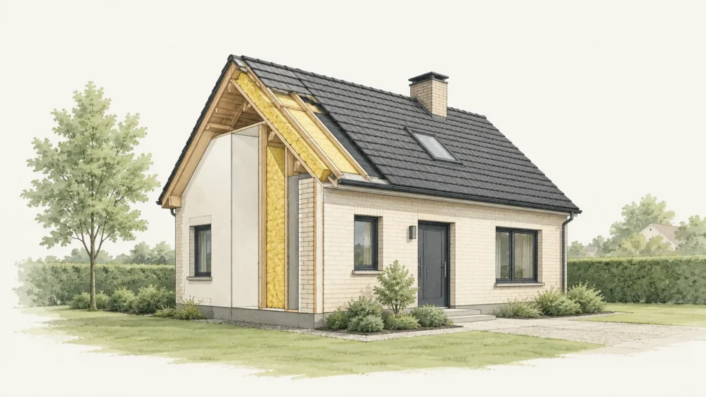 Image actuelle : Maison belge rénovée avec une enveloppe isolante clairement mise en valeur