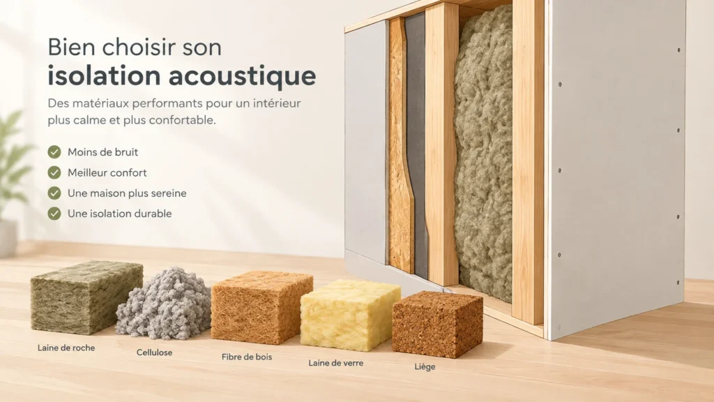Image actuelle : Coupe d’une paroi isolée et échantillons de cinq matériaux acoustiques
