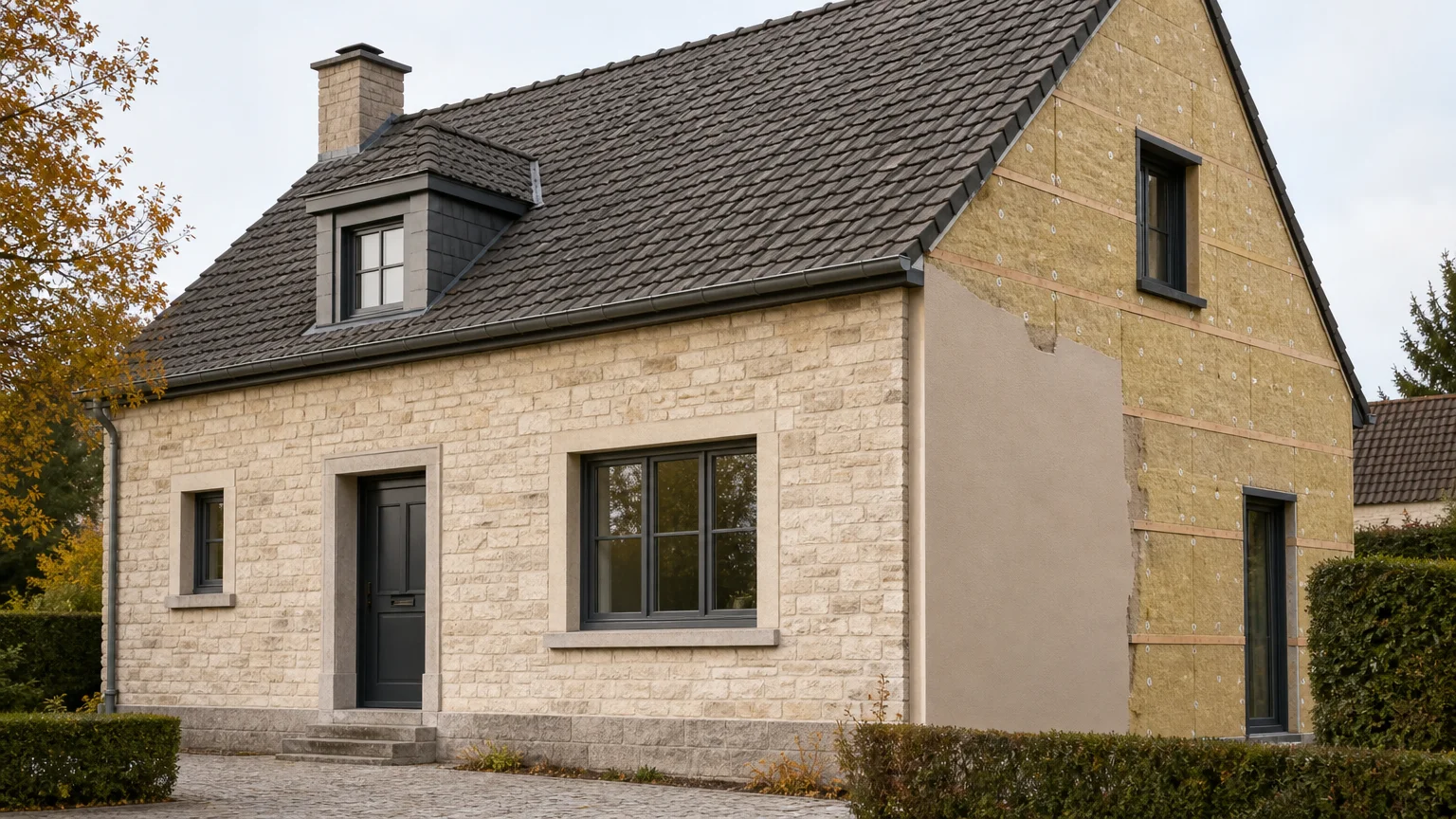 Maison dont la toiture et la façade sont concernées par un projet d’isolation avant l’hiver